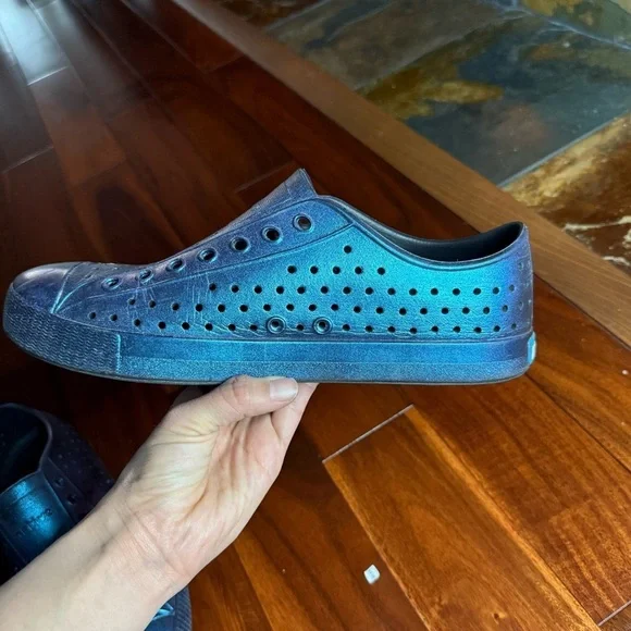 Shiny Blue Perforated Slip-Ons - Picture 13 of 16